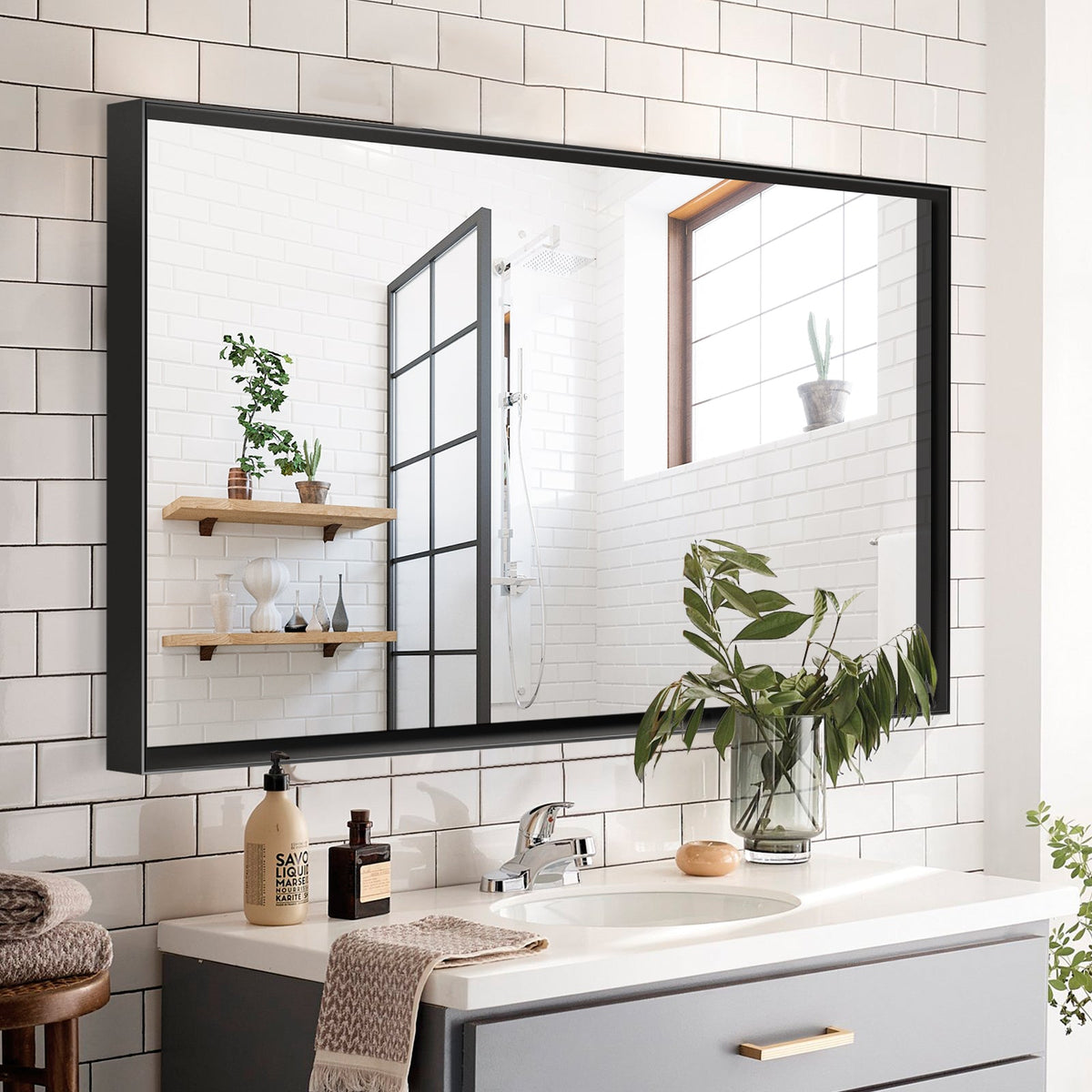 Black Aluminum Framed Bathroom Mirror with HD Glass - Black