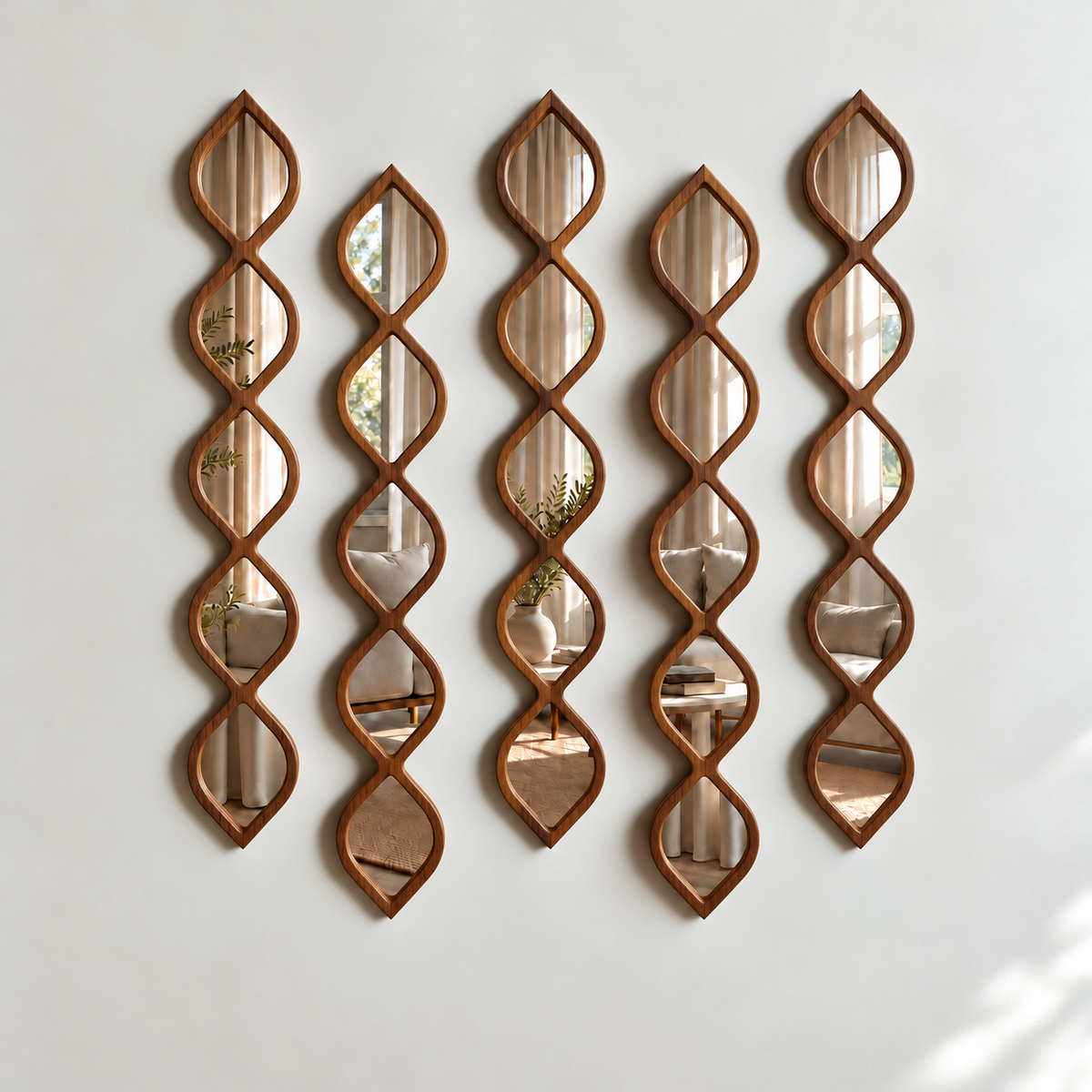 Leaf Design Wood Framed Acrylic Wall Mirror Set