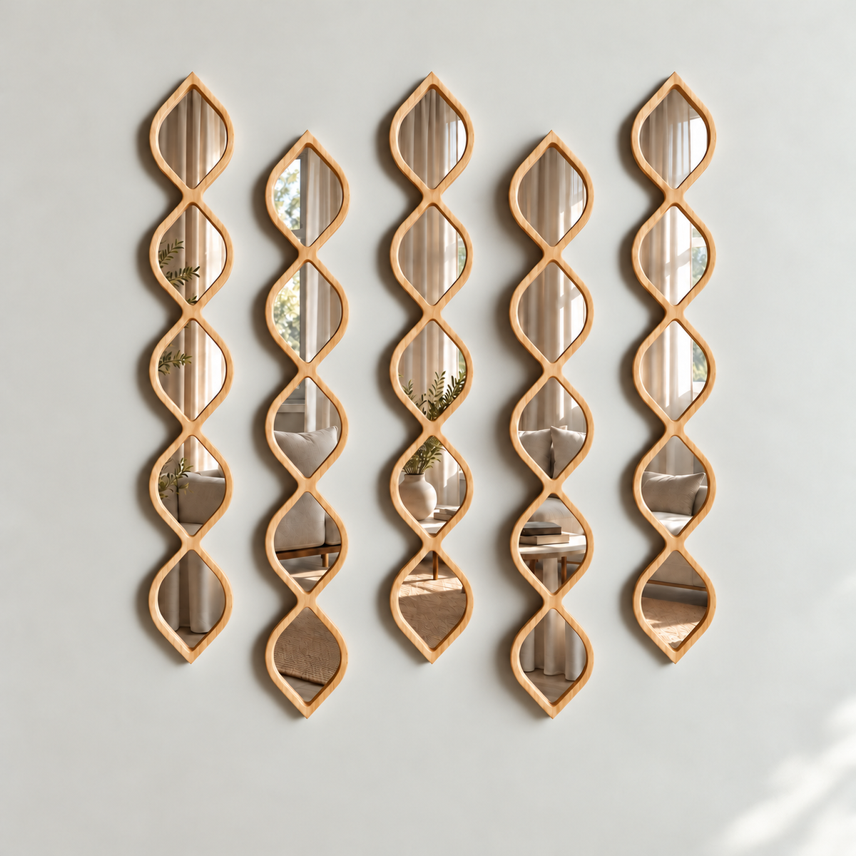 Leaf Design Wood Framed Acrylic Wall Mirror Set