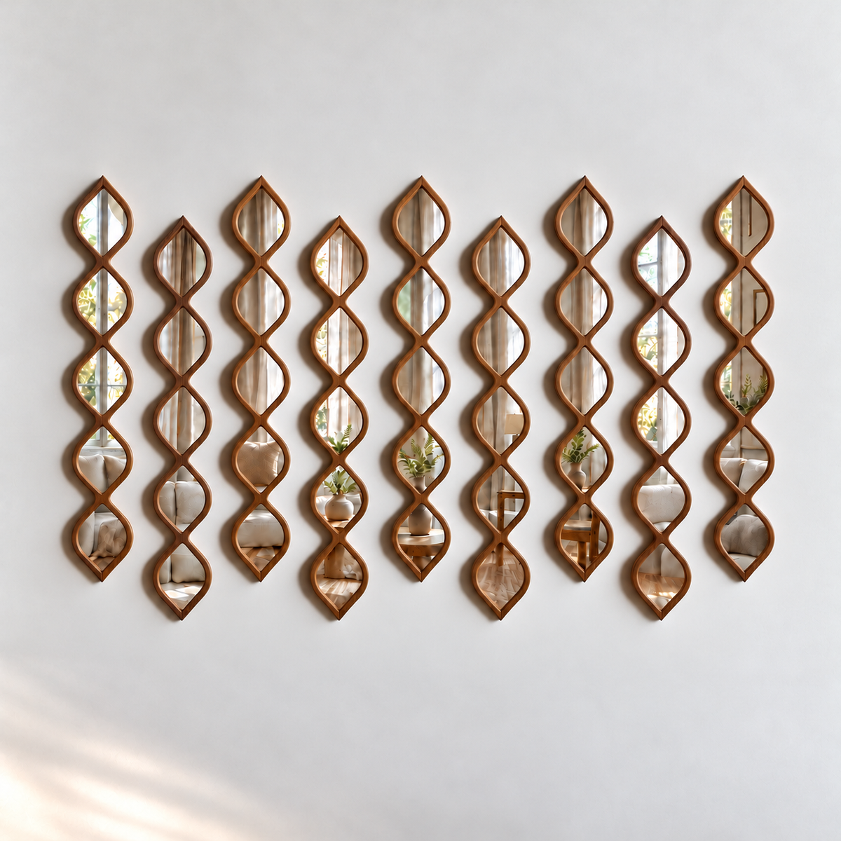 Leaf Design Wood Framed Acrylic Wall Mirror Set
