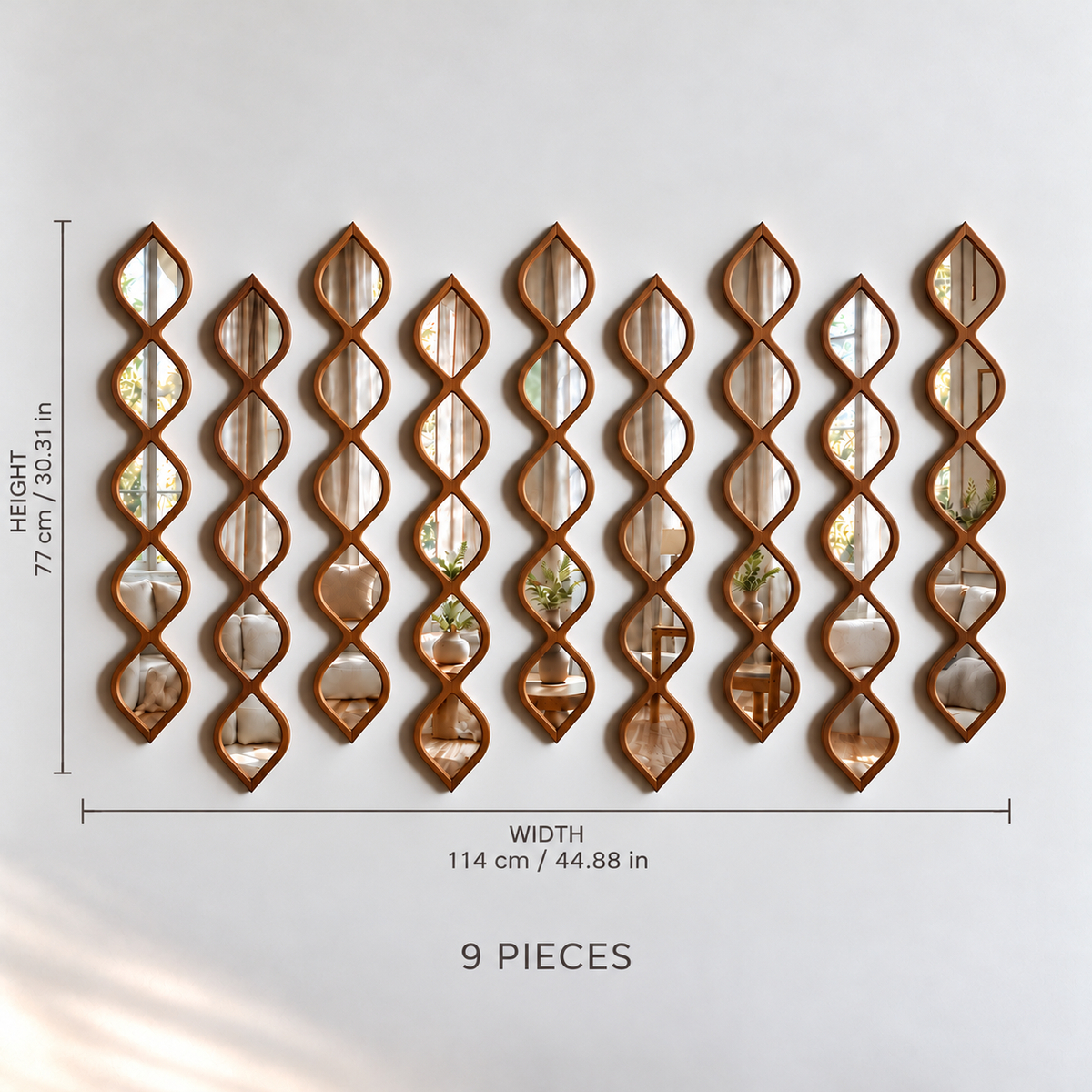 Leaf Design Wood Framed Acrylic Wall Mirror Set
